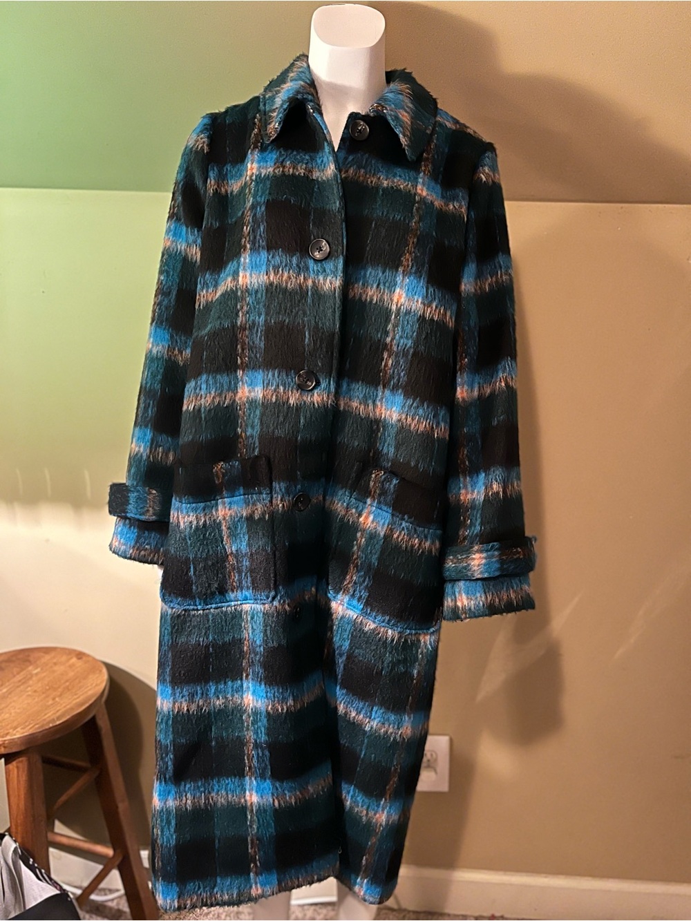 Free Assembly Plaid Teal & Black Wool Blend Long Coat
